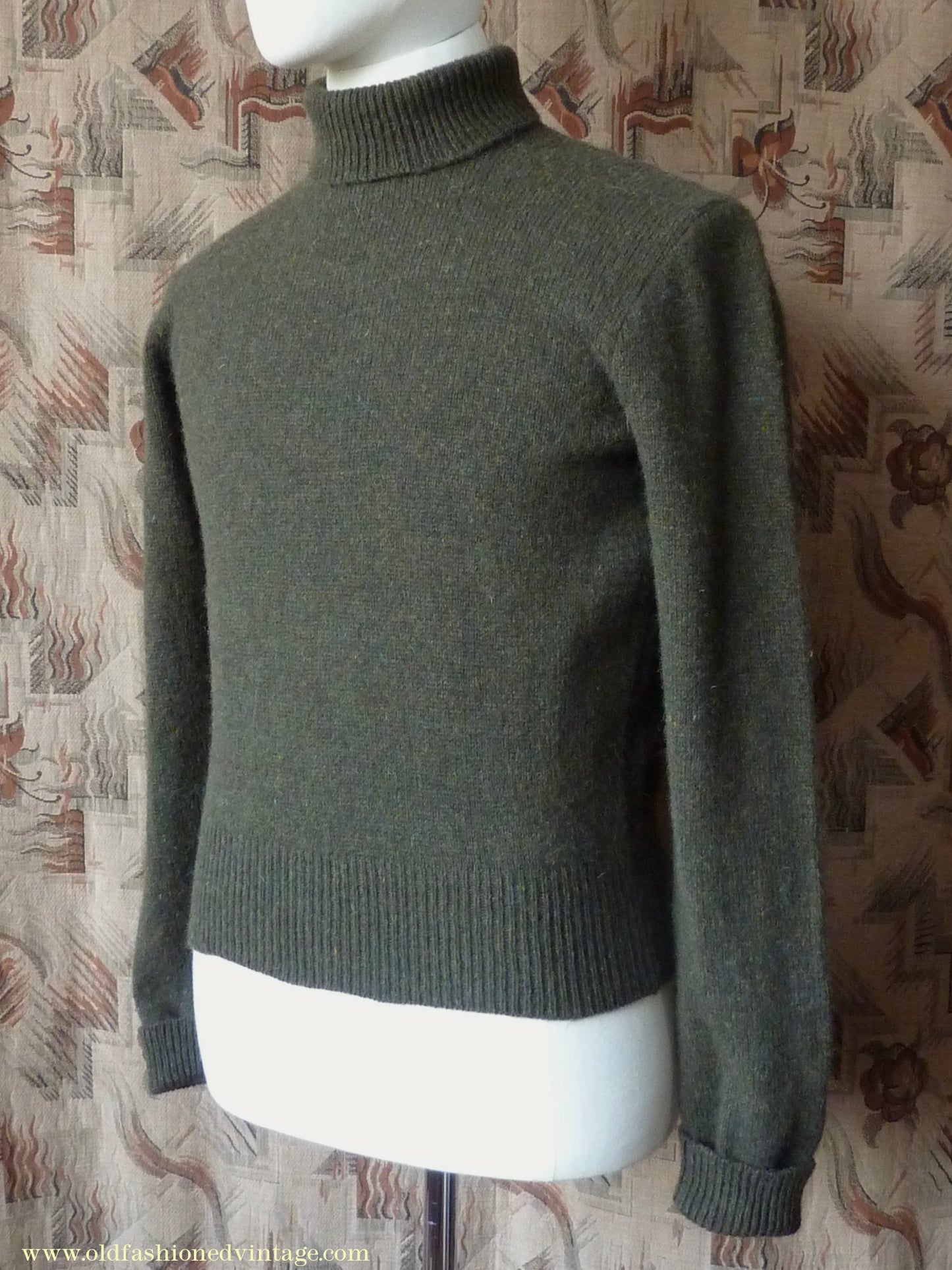 Old Fashioned Garments Vintage Reproduction 1940s Mens Polo Neck Jumper Loden Green Roll Turtle Sweater S