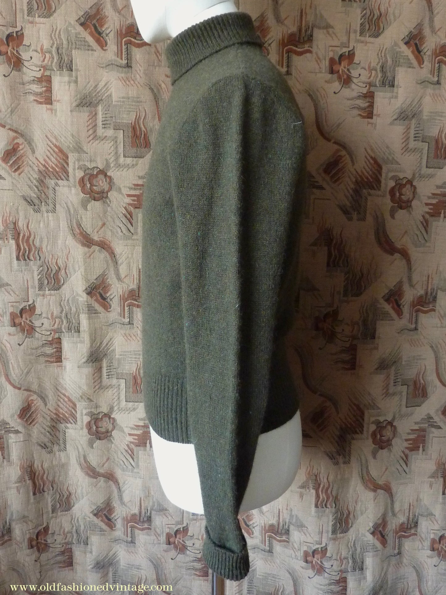 Old Fashioned Garments Vintage Reproduction 1940s Mens Polo Neck Jumper Loden Green Roll Turtle Sweater S