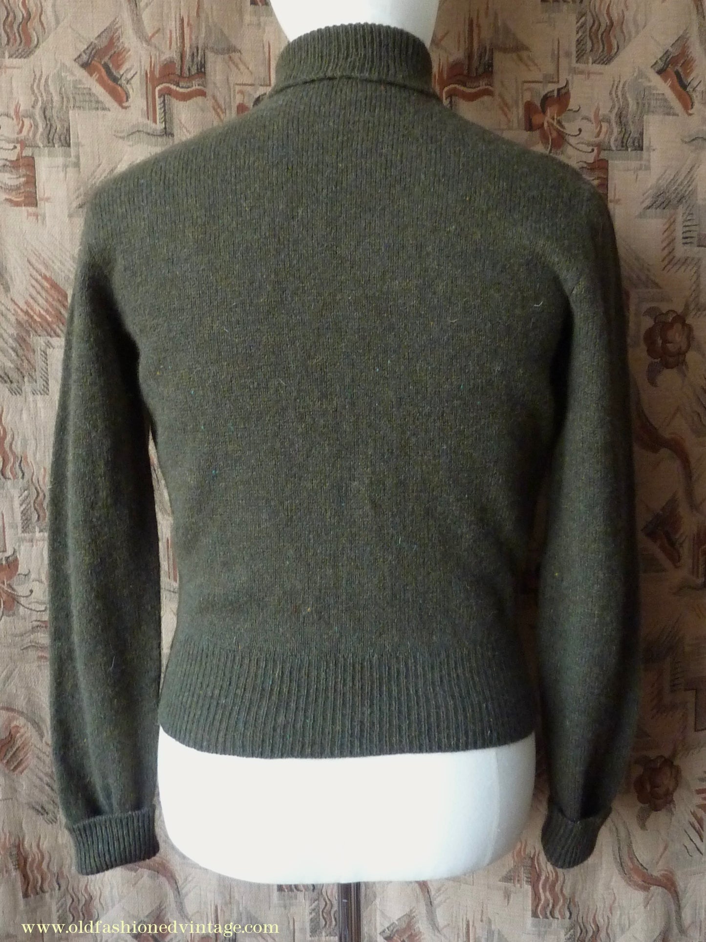Old Fashioned Garments Vintage Reproduction 1940s Mens Polo Neck Jumper Loden Green Roll Turtle Sweater S