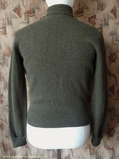 Old Fashioned Garments Vintage Reproduction 1940s Mens Polo Neck Jumper Loden Green Roll Turtle Sweater S