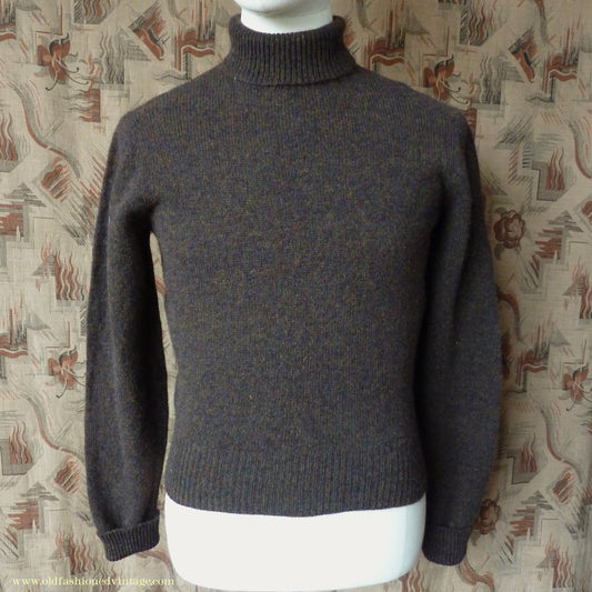 Old Fashioned Garments Vintage Reproduction 1940s Mens Polo Neck Jumper Dark Bronzy Brown Melange Roll Turtle Sweater XS