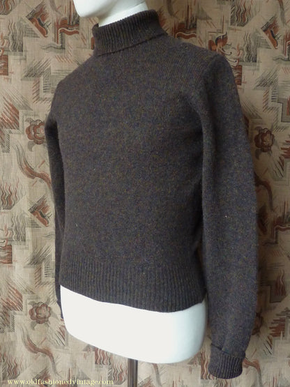 Old Fashioned Garments Vintage Reproduction 1940s Mens Polo Neck Jumper Dark Bronzy Brown Melange Roll Turtle Sweater XS
