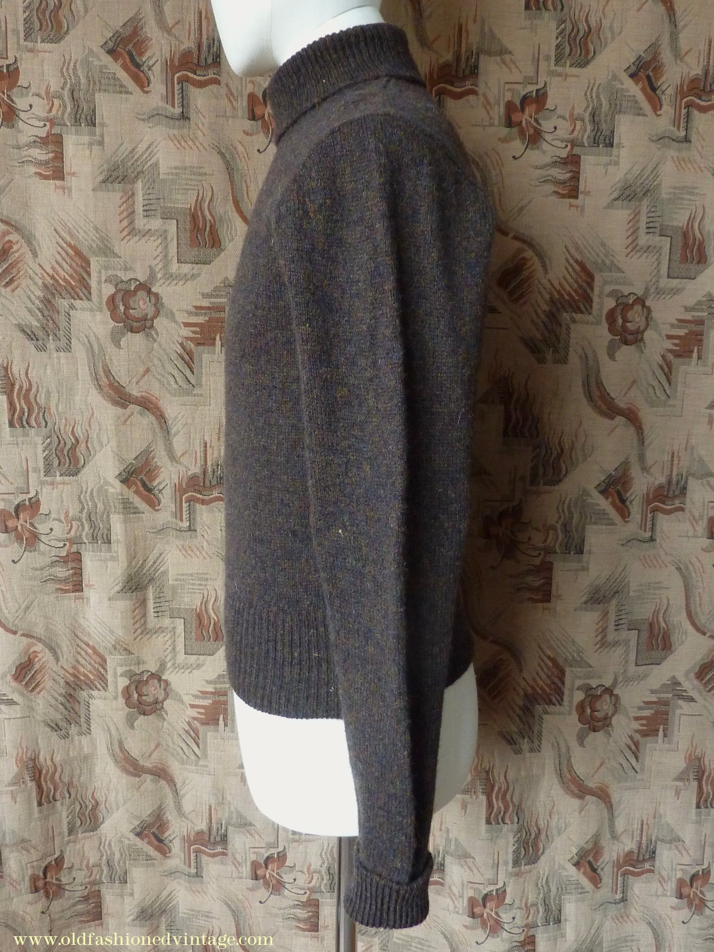 Old Fashioned Garments Vintage Reproduction 1940s Mens Polo Neck Jumper Dark Bronzy Brown Melange Roll Turtle Sweater XS