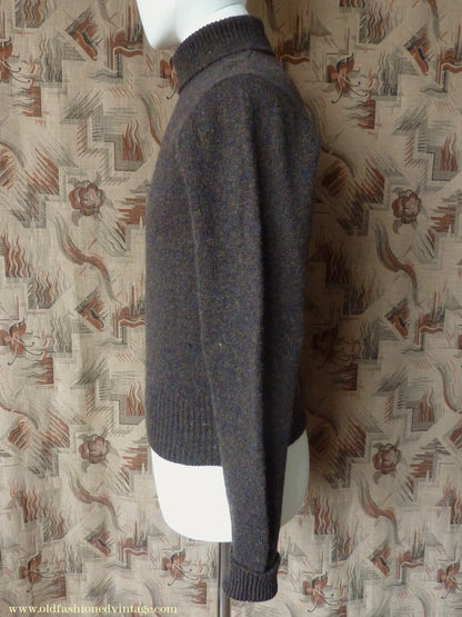 Old Fashioned Garments Vintage Reproduction 1940s Mens Polo Neck Jumper Dark Bronzy Brown Melange Roll Turtle Sweater XS