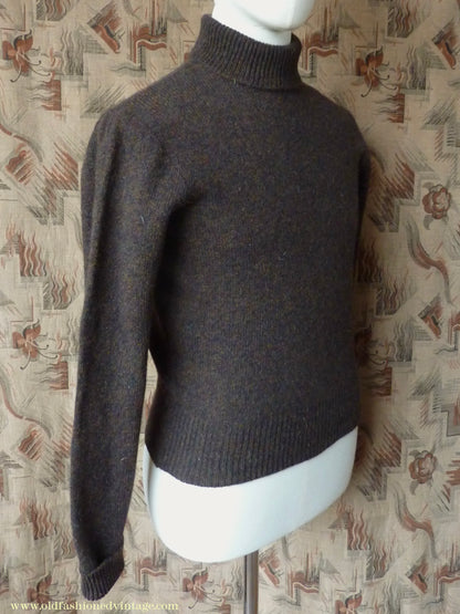 Old Fashioned Garments Vintage Reproduction 1940s Mens Polo Neck Jumper Dark Bronzy Brown Melange Roll Turtle Sweater XS