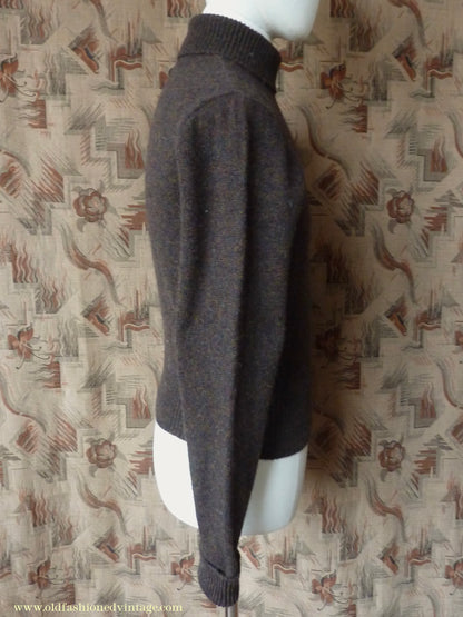 Old Fashioned Garments Vintage Reproduction 1940s Mens Polo Neck Jumper Dark Bronzy Brown Melange Roll Turtle Sweater XS