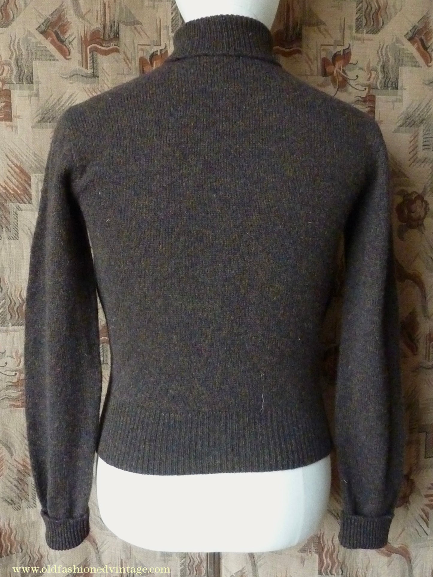 Old Fashioned Garments Vintage Reproduction 1940s Mens Polo Neck Jumper Dark Bronzy Brown Melange Roll Turtle Sweater XS