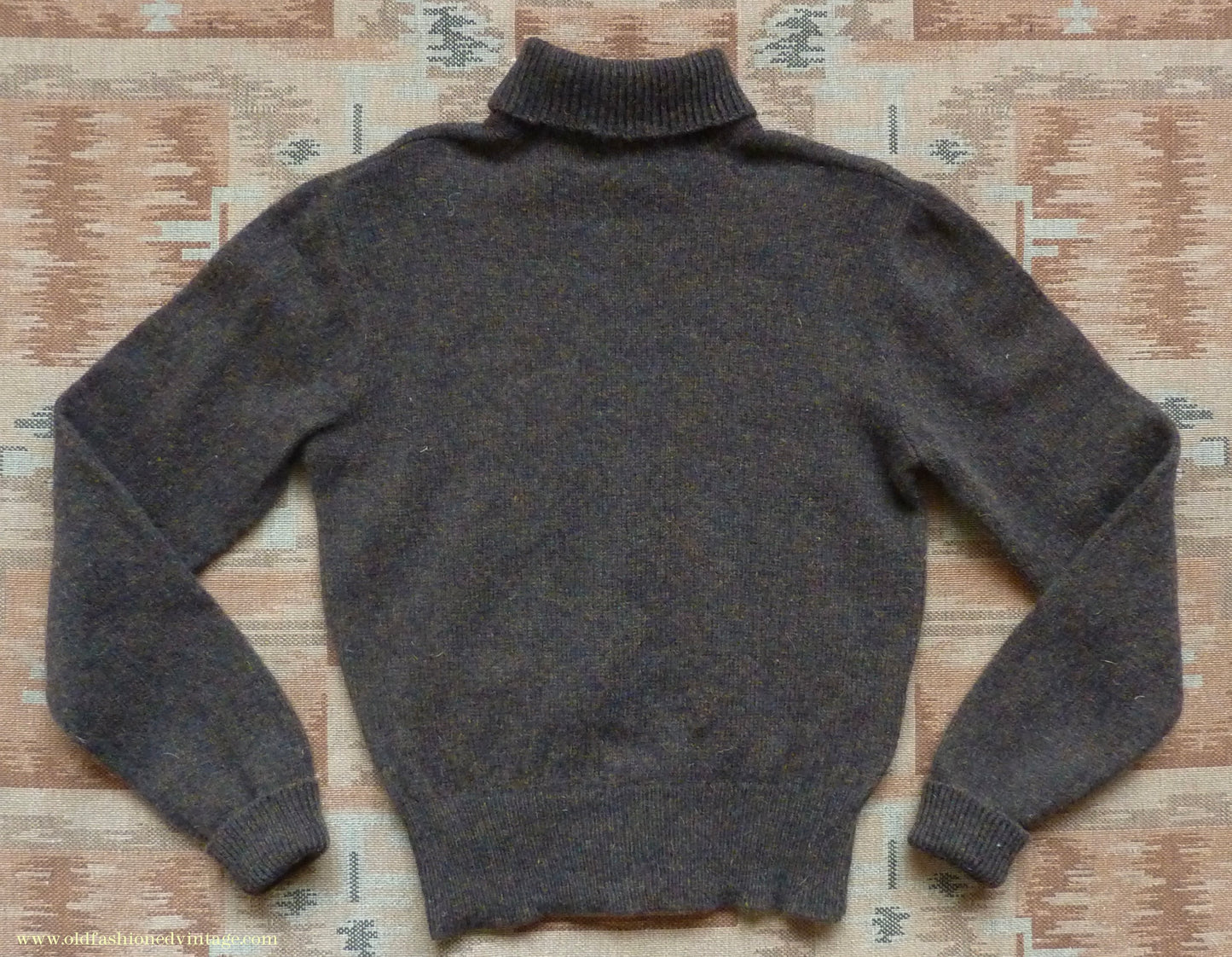 Old Fashioned Garments Vintage Reproduction 1940s Mens Polo Neck Jumper Dark Bronzy Brown Melange Roll Turtle Sweater XS