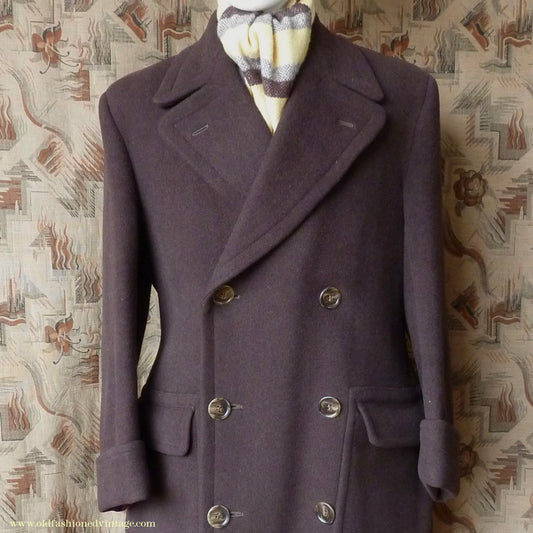 Vintage Mens 1940s Double Breasted Overcoat Coat Chocolate Brown Wool Back Belt 38"