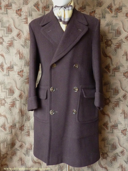 Vintage Mens 1940s Double Breasted Overcoat Coat Chocolate Brown Wool Back Belt 38"