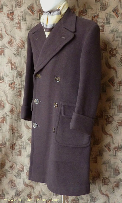 Vintage Mens 1940s Double Breasted Overcoat Coat Chocolate Brown Wool Back Belt 38"