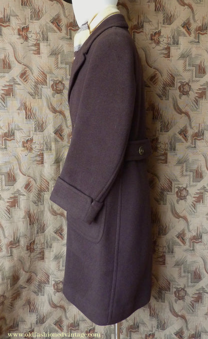 Vintage Mens 1940s Double Breasted Overcoat Coat Chocolate Brown Wool Back Belt 38"