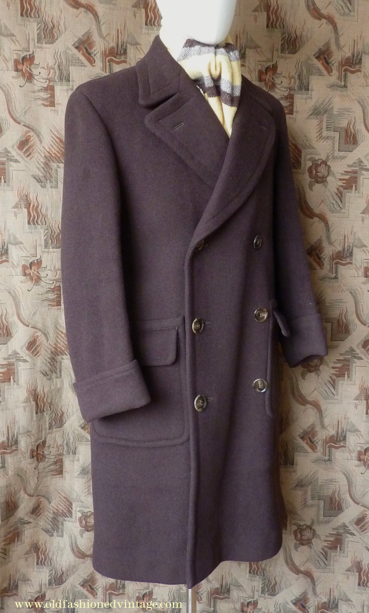 Vintage Mens 1940s Double Breasted Overcoat Coat Chocolate Brown Wool Back Belt 38"