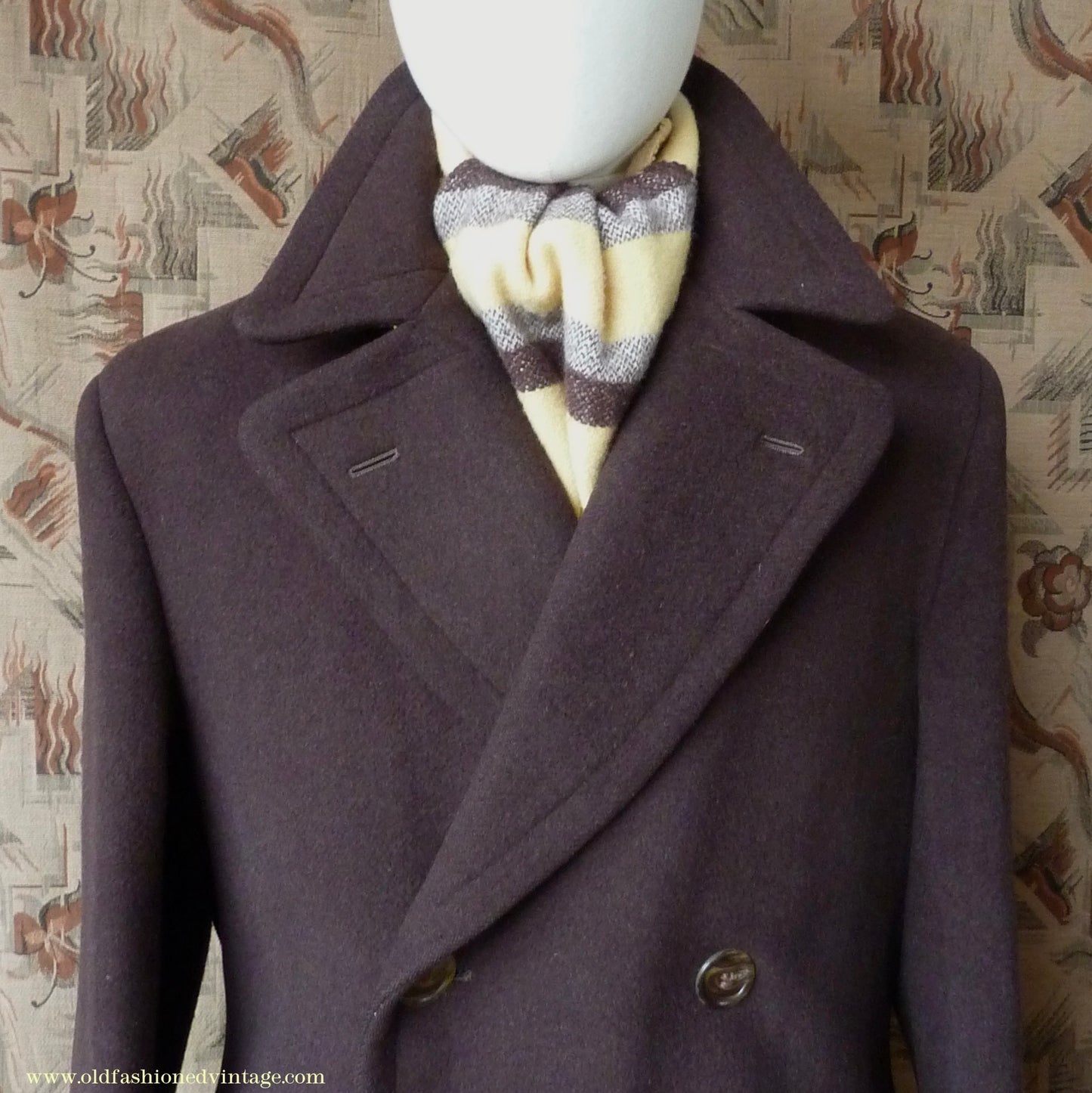 Vintage Mens 1940s Double Breasted Overcoat Coat Chocolate Brown Wool Back Belt 38"