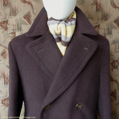 Vintage Mens 1940s Double Breasted Overcoat Coat Chocolate Brown Wool Back Belt 38"