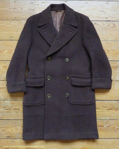 Vintage Mens 1940s Double Breasted Overcoat Coat Chocolate Brown Wool Back Belt 38"