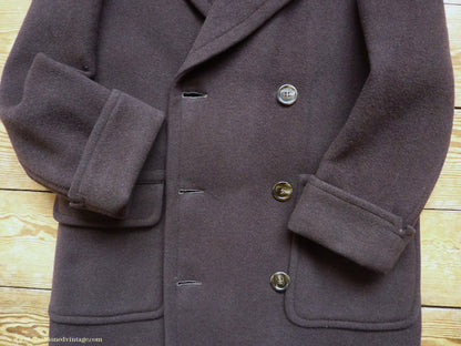 Vintage Mens 1940s Double Breasted Overcoat Coat Chocolate Brown Wool Back Belt 38"