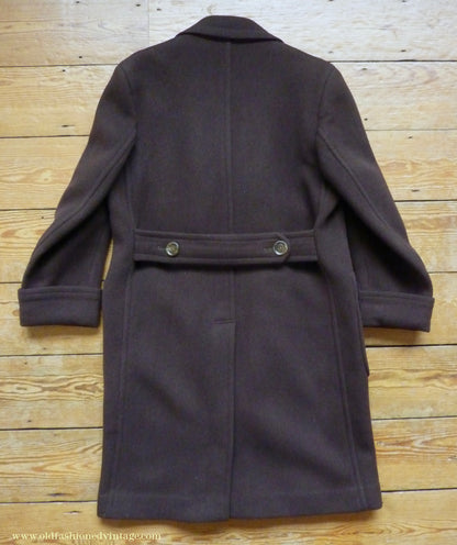 Vintage Mens 1940s Double Breasted Overcoat Coat Chocolate Brown Wool Back Belt 38"