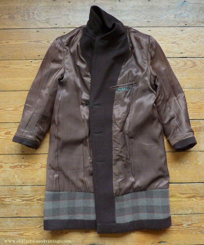 Vintage Mens 1940s Double Breasted Overcoat Coat Chocolate Brown Wool Back Belt 38"