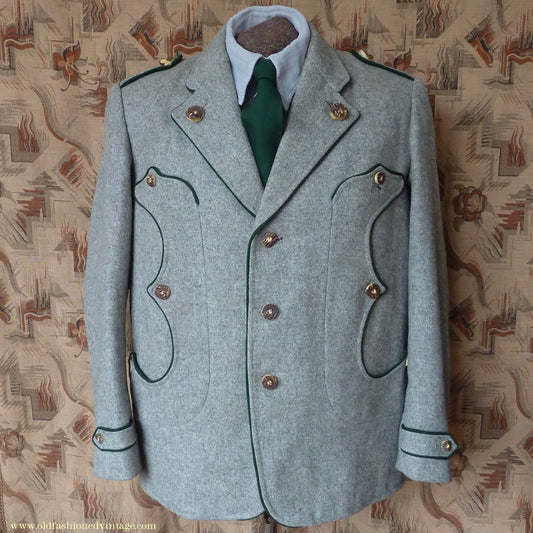 Vintage Mens 1940s 1950s Trachten Hunting Jacket Maremma Coat Grey Wool Horn Buttons Traditional Tyrol German Folk 44"