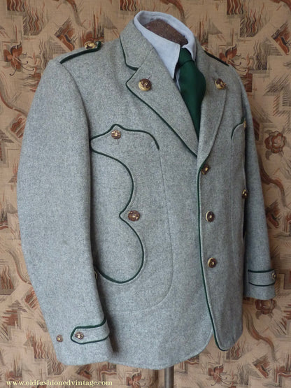 Vintage Mens 1940s 1950s Trachten Hunting Jacket Maremma Coat Grey Wool Horn Buttons Traditional Tyrol German Folk 44"