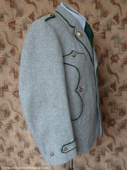 Vintage Mens 1940s 1950s Trachten Hunting Jacket Maremma Coat Grey Wool Horn Buttons Traditional Tyrol German Folk 44"