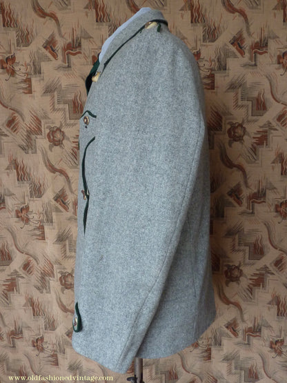 Vintage Mens 1940s 1950s Trachten Hunting Jacket Maremma Coat Grey Wool Horn Buttons Traditional Tyrol German Folk 44"