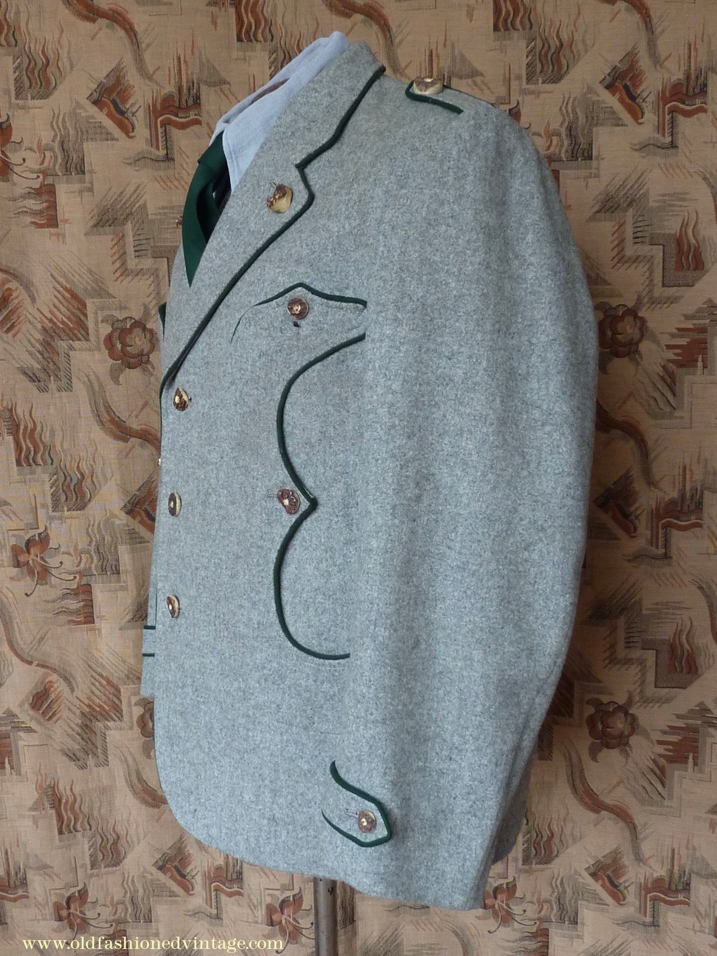 Vintage Mens 1940s 1950s Trachten Hunting Jacket Maremma Coat Grey Wool Horn Buttons Traditional Tyrol German Folk 44"