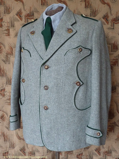 Vintage Mens 1940s 1950s Trachten Hunting Jacket Maremma Coat Grey Wool Horn Buttons Traditional Tyrol German Folk 44"