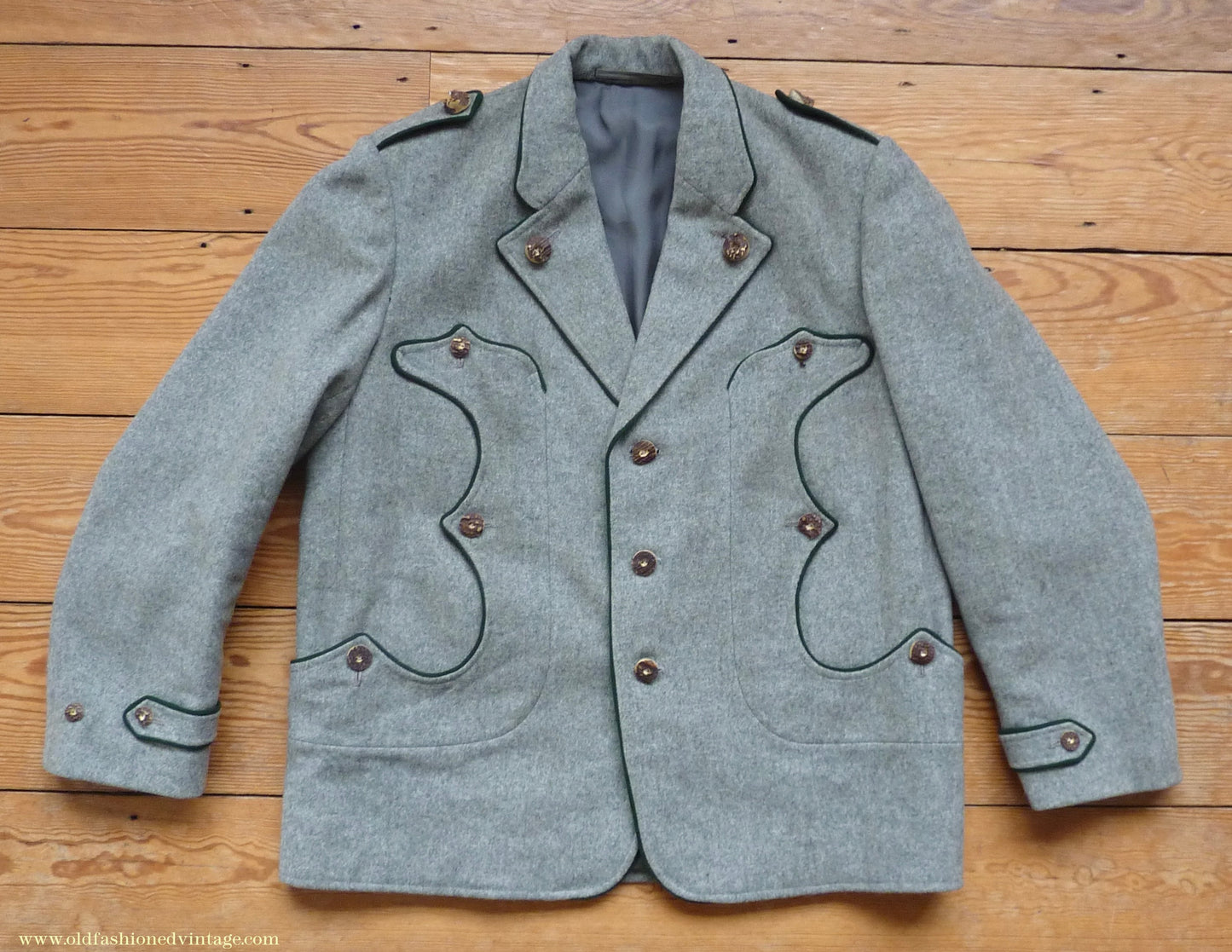 Vintage Mens 1940s 1950s Trachten Hunting Jacket Maremma Coat Grey Wool Horn Buttons Traditional Tyrol German Folk 44"