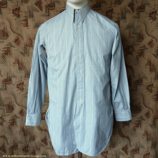 Vintage Mens 1930s 1940s "Consulate" Cotton Shirt Greenish Grey Striped Spearpoint Collar British XS