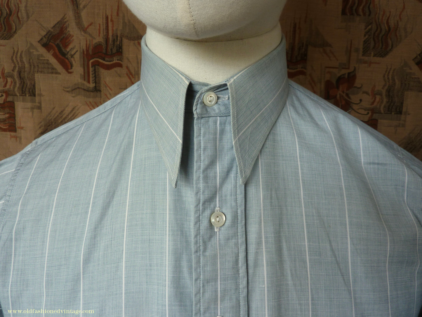 Vintage Mens 1930s 1940s "Consulate" Cotton Shirt Greenish Grey Striped Spearpoint Collar British XS