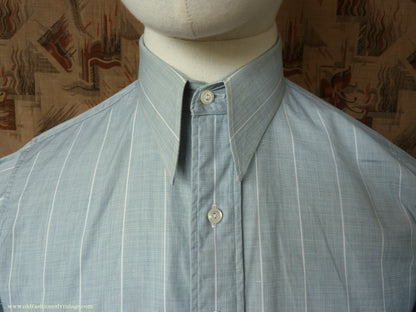 Vintage Mens 1930s 1940s "Consulate" Cotton Shirt Greenish Grey Striped Spearpoint Collar British XS