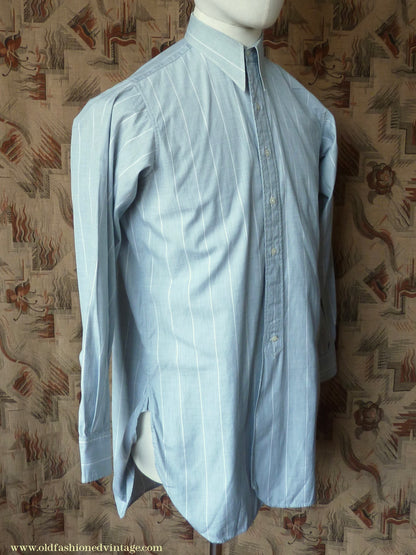 Vintage Mens 1930s 1940s "Consulate" Cotton Shirt Greenish Grey Striped Spearpoint Collar British XS