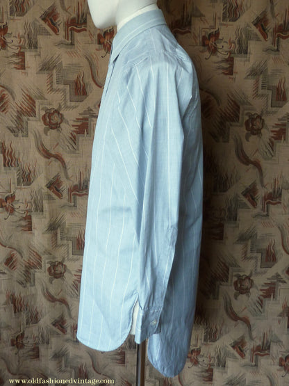Vintage Mens 1930s 1940s "Consulate" Cotton Shirt Greenish Grey Striped Spearpoint Collar British XS