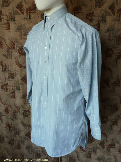 Vintage Mens 1930s 1940s "Consulate" Cotton Shirt Greenish Grey Striped Spearpoint Collar British XS