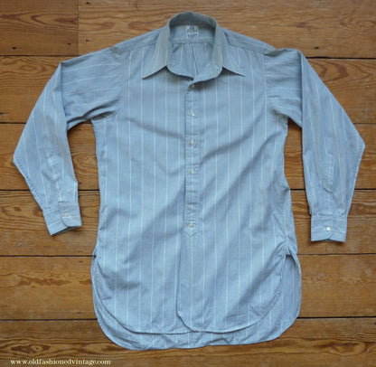 Vintage Mens 1930s 1940s "Consulate" Cotton Shirt Greenish Grey Striped Spearpoint Collar British XS