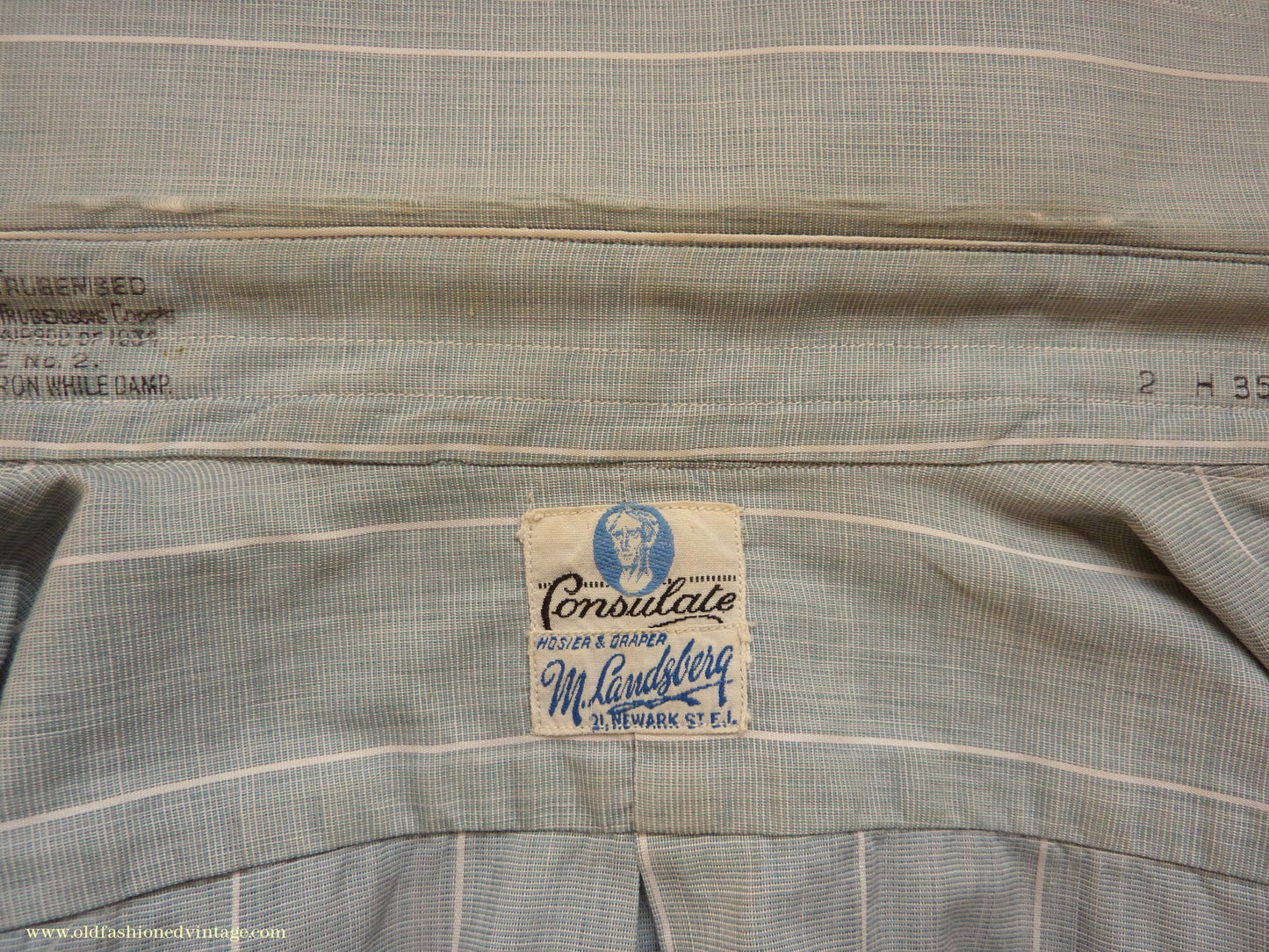 Vintage Mens 1930s 1940s "Consulate" Cotton Shirt Greenish Grey Striped Spearpoint Collar British XS