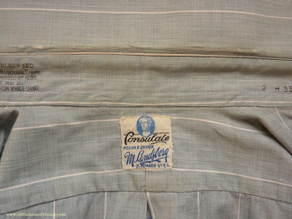 Vintage Mens 1930s 1940s "Consulate" Cotton Shirt Greenish Grey Striped Spearpoint Collar British XS