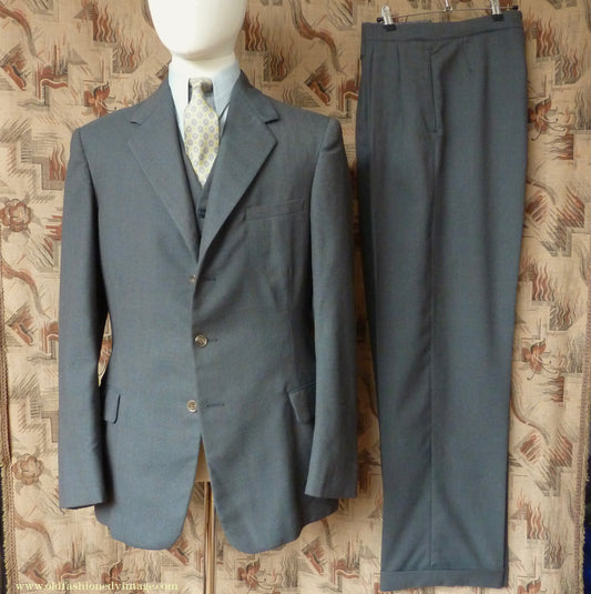 Vintage Mens 1950s 3 Piece Suit Dark Teal & Brown Speckled Lightweight Wool 38" Long