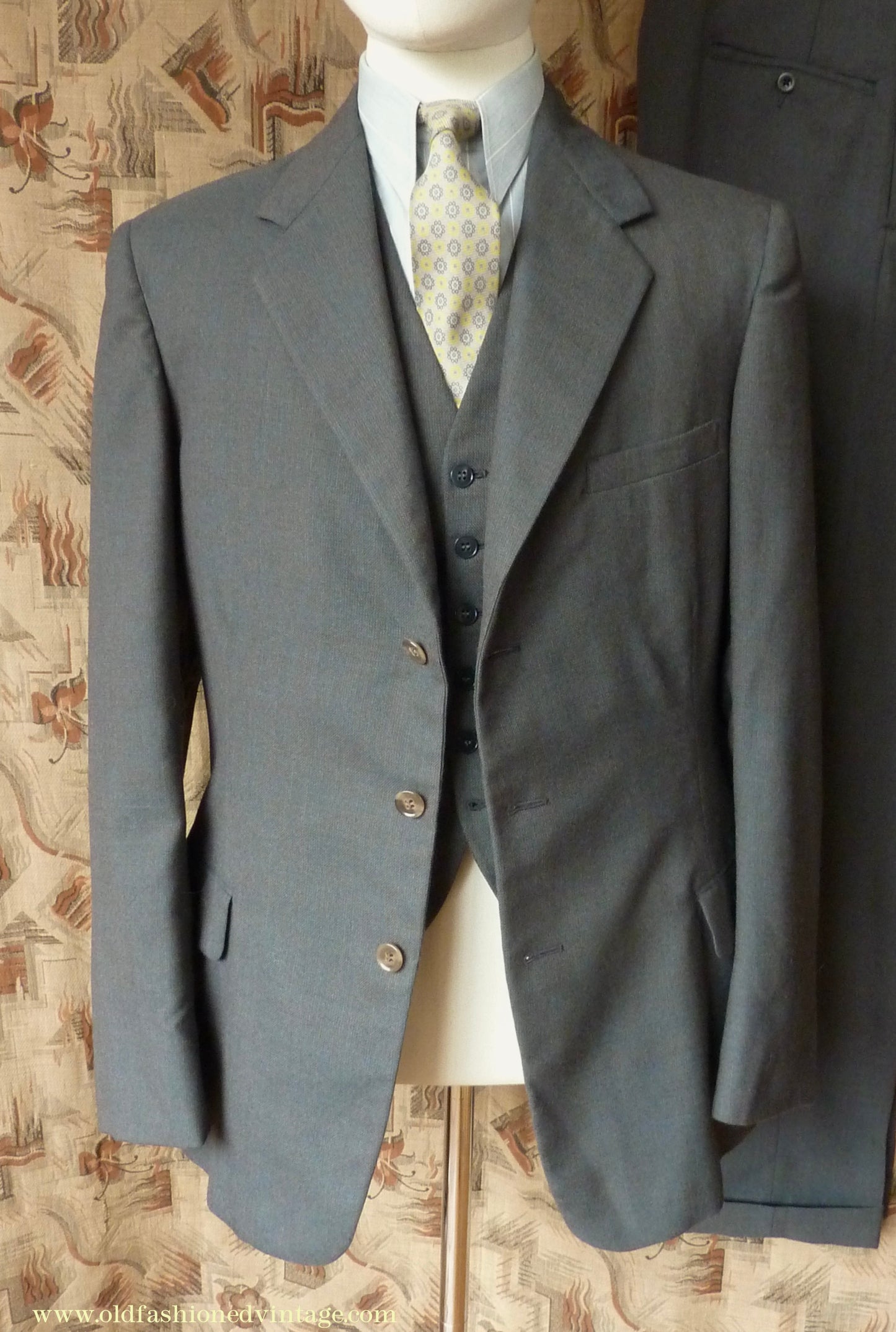 Vintage Mens 1950s 3 Piece Suit Dark Teal & Brown Speckled Lightweight Wool 38" Long