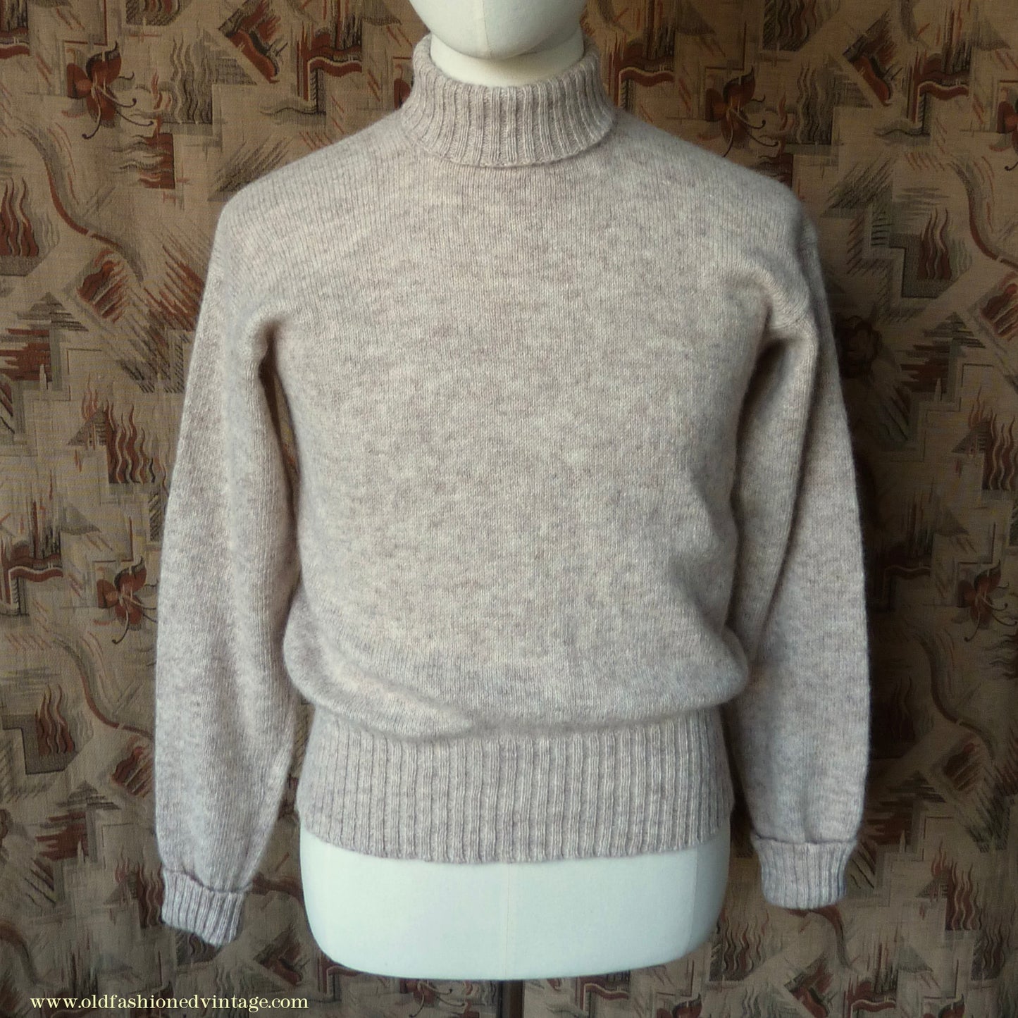 Old Fashioned Garments Vintage Reproduction 1940s Mens Roll Neck Jumper Natural Melange Polo Turtle Sweater S