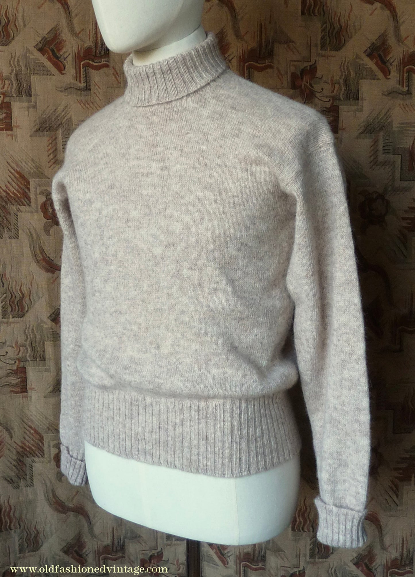 Old Fashioned Garments Vintage Reproduction 1940s Mens Roll Neck Jumper Natural Melange Polo Turtle Sweater S