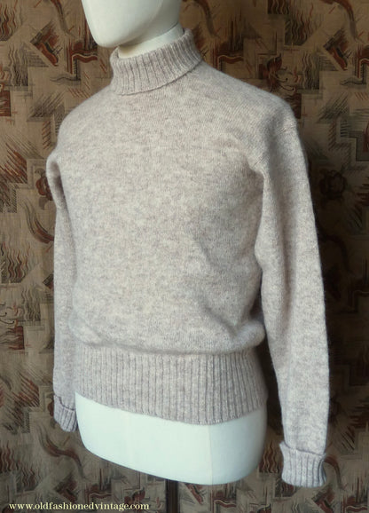 Old Fashioned Garments Vintage Reproduction 1940s Mens Roll Neck Jumper Natural Melange Polo Turtle Sweater S