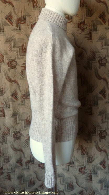 Old Fashioned Garments Vintage Reproduction 1940s Mens Roll Neck Jumper Natural Melange Polo Turtle Sweater S