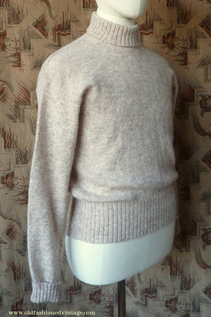 Old Fashioned Garments Vintage Reproduction 1940s Mens Roll Neck Jumper Natural Melange Polo Turtle Sweater S
