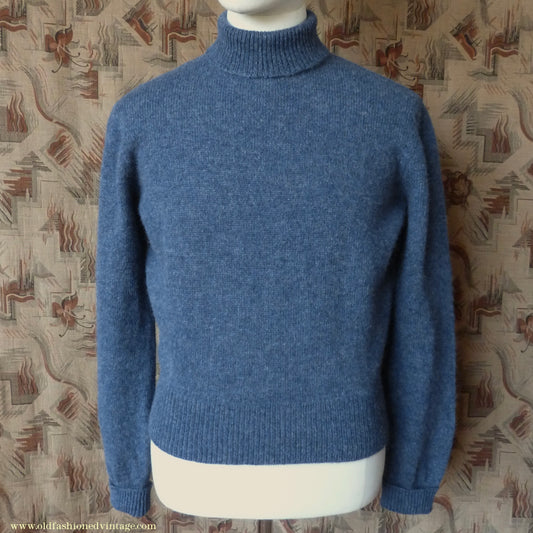 Old Fashioned Garments Vintage Reproduction 1940s Mens Polo Neck Jumper Deep Royal Blue Melange Roll Turtle Sweater M