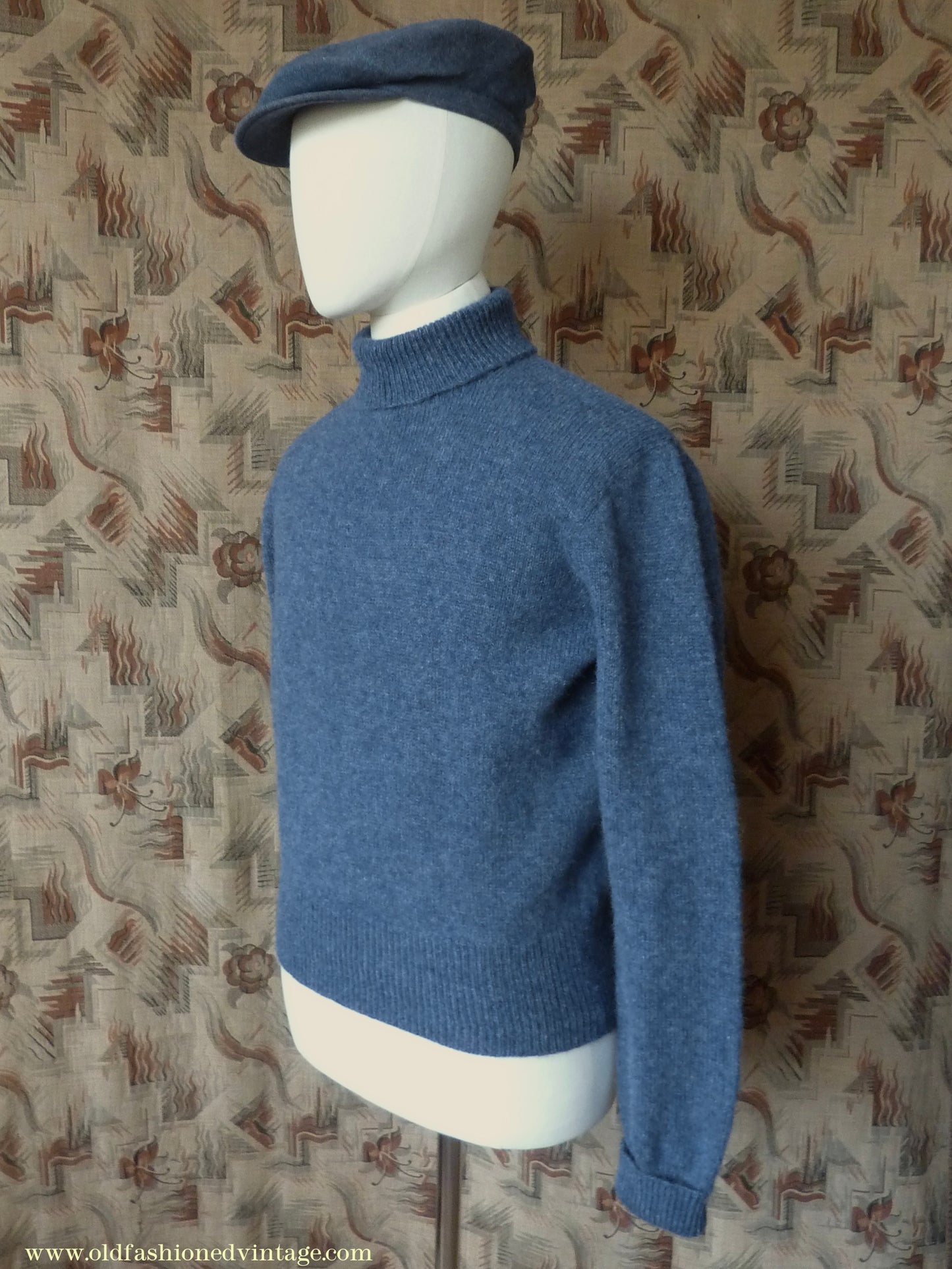 Old Fashioned Garments Vintage Reproduction 1940s Mens Polo Neck Jumper Deep Royal Blue Melange Roll Turtle Sweater M