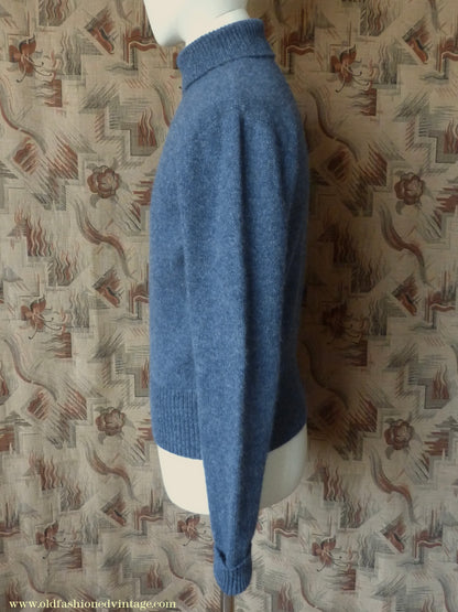 Old Fashioned Garments Vintage Reproduction 1940s Mens Polo Neck Jumper Deep Royal Blue Melange Roll Turtle Sweater M