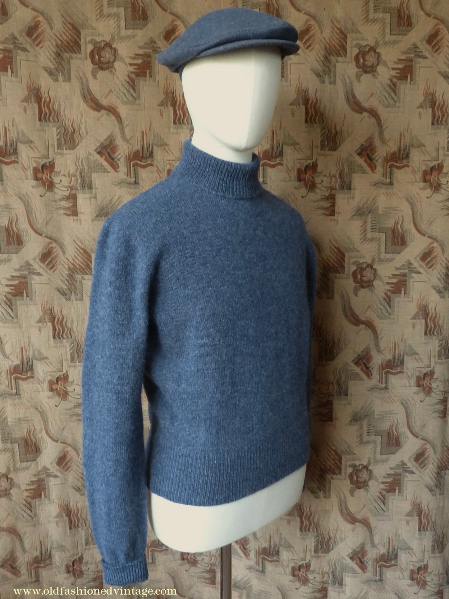 Old Fashioned Garments Vintage Reproduction 1940s Mens Polo Neck Jumper Deep Royal Blue Melange Roll Turtle Sweater M